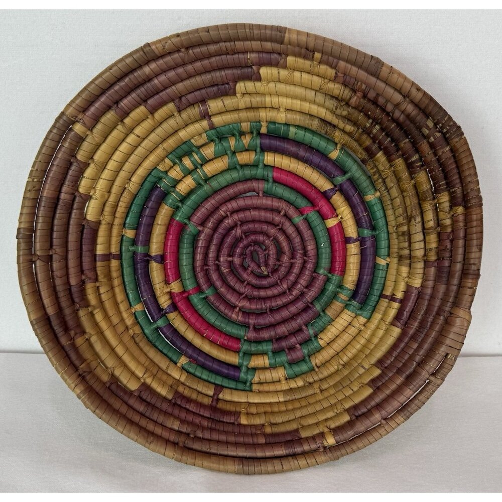 Hand Woven Coiled Basket 9" Round Southwestern Tribal Boho Chic Geometric #1